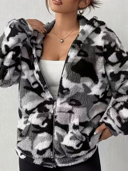 Sarah Express Women's Fuzzy Camo Zip-Up Hoodie Gray