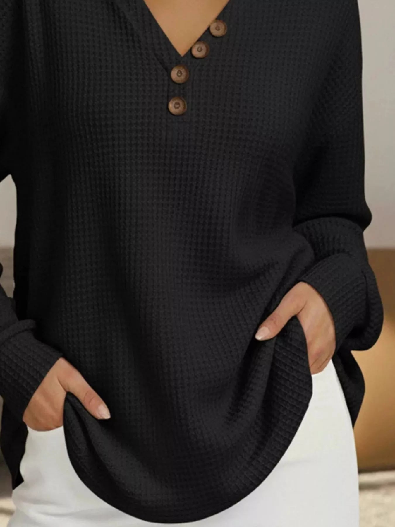 Sarah Express Women's Casual Waffle Knit V-Neck Long Sleeve T-Shirt