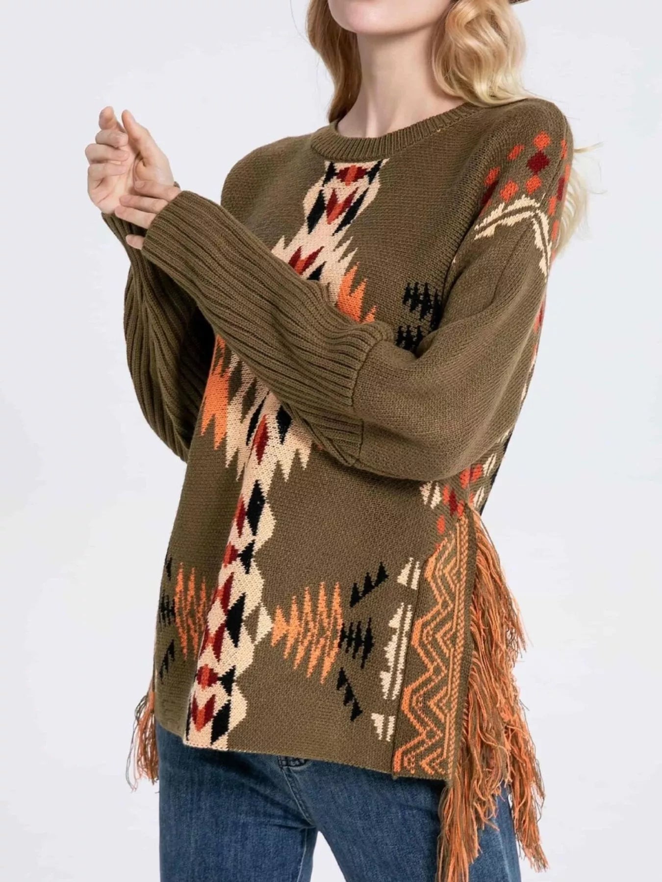 Sarah Express Women's Geometric Pattern Fringe Sweater - Boho Knit Pullover