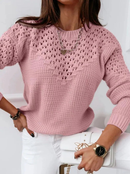 Sarah Express Women's Textured Openwork Round Neck Sweater Pink