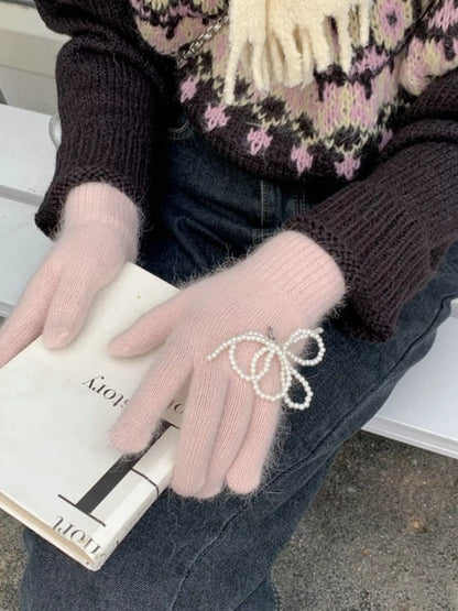 Sarah Express Women's Pearl Embellished Knit Gloves - Winter Fashion Accessory