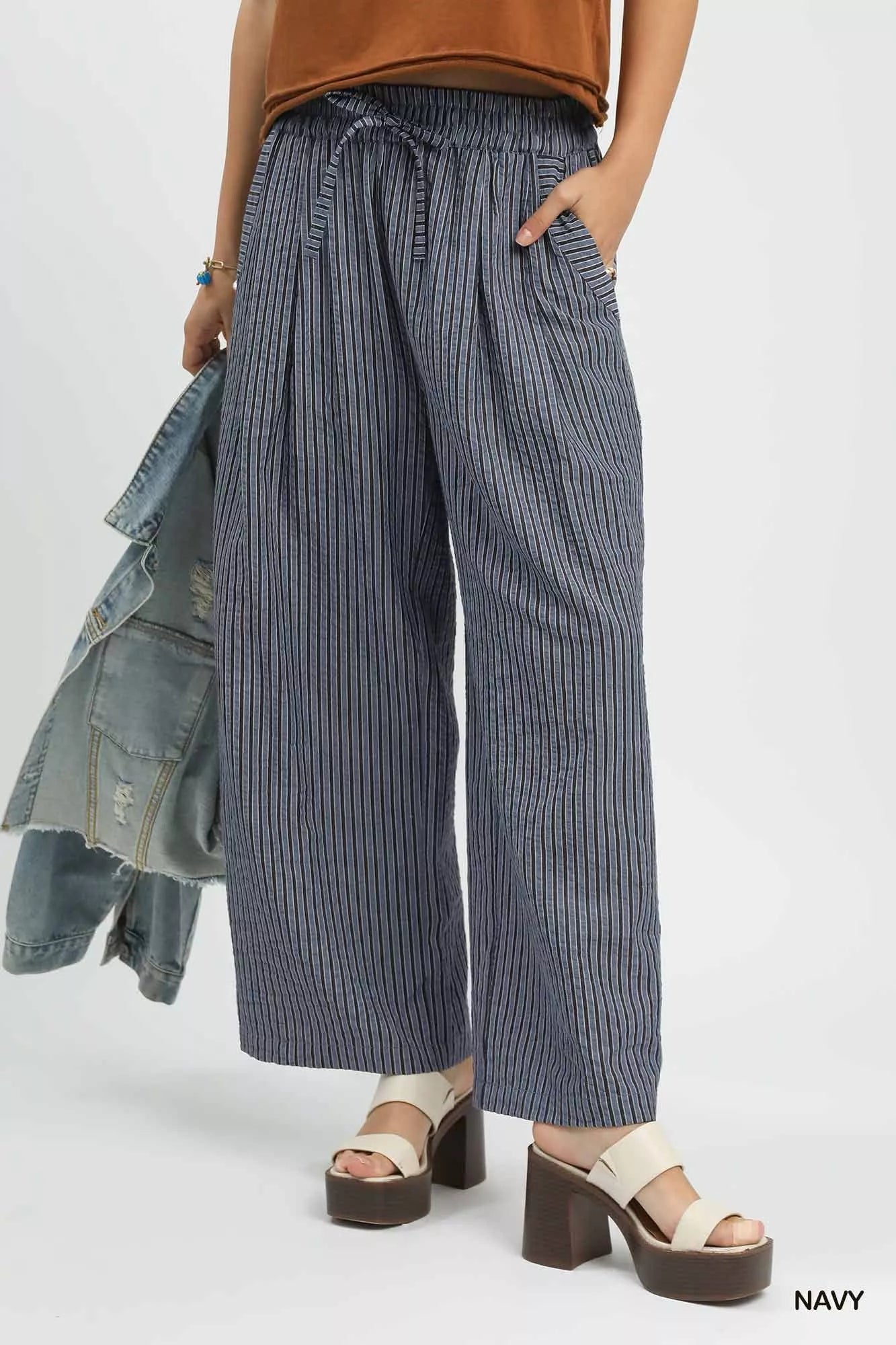 Sarah Express Women's Drawstring Striped Wide-Leg Pants NAVY