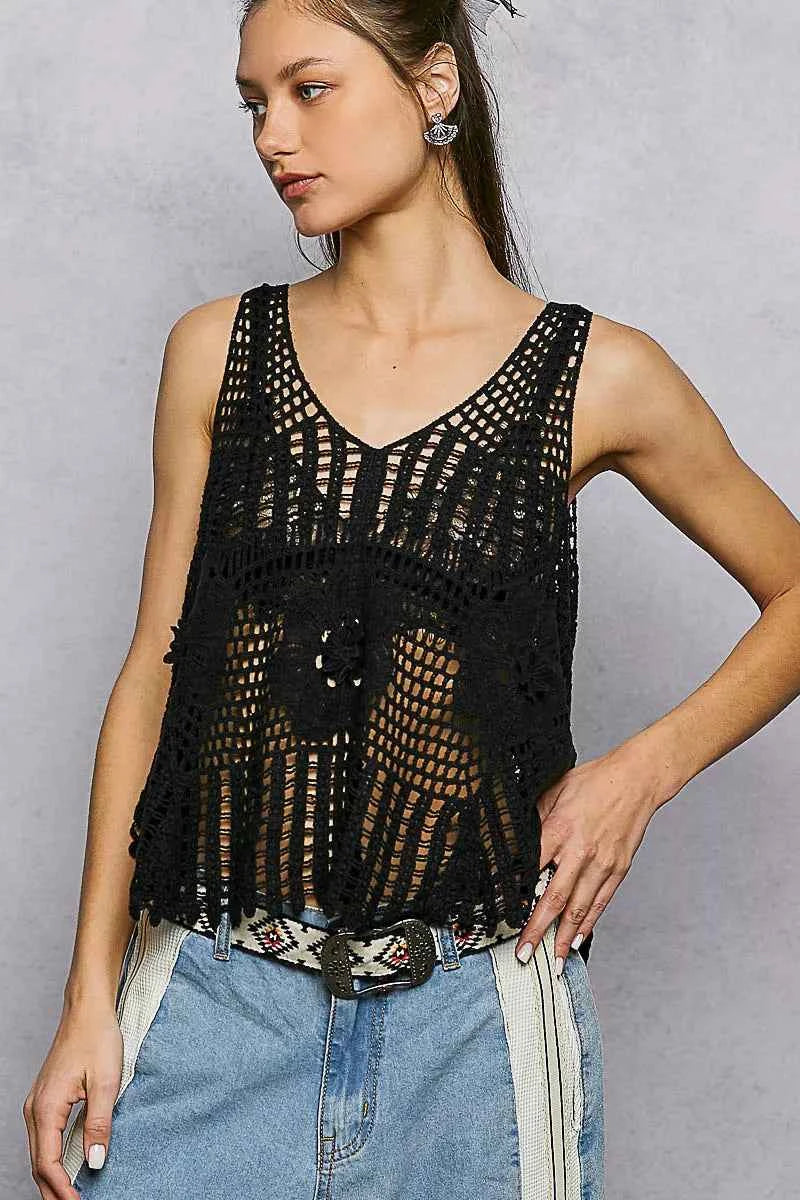 Sarah Express Women's Crochet Tank Top - Openwork V-Neck Knit Summer Top