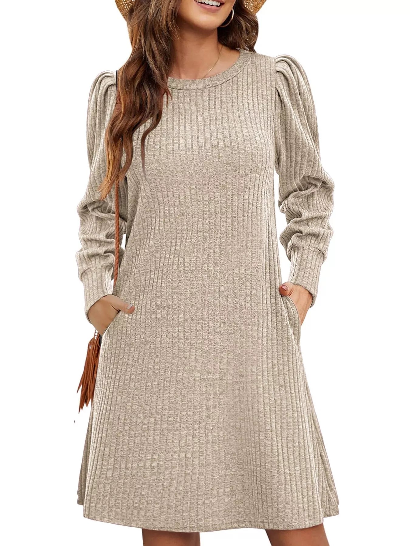 Sarah Express Women's Ribbed Knit Puff Sleeve Mini Dress