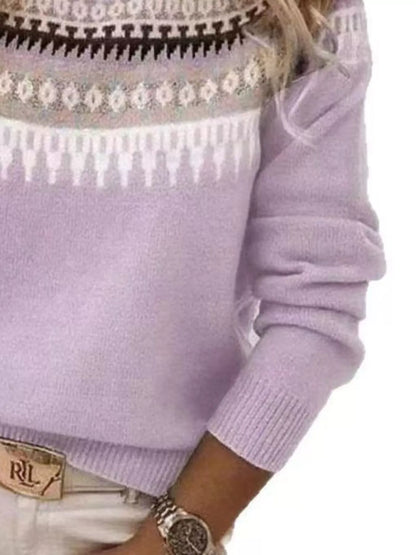 Sarah Express Women's Vintage Patterned Round Neck Sweater Plus Size