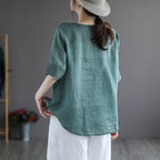 Sarah Express Women's Embroidered Cotton Linen V-Neck T-Shirt Ethnic Retro Style Short Sleeve