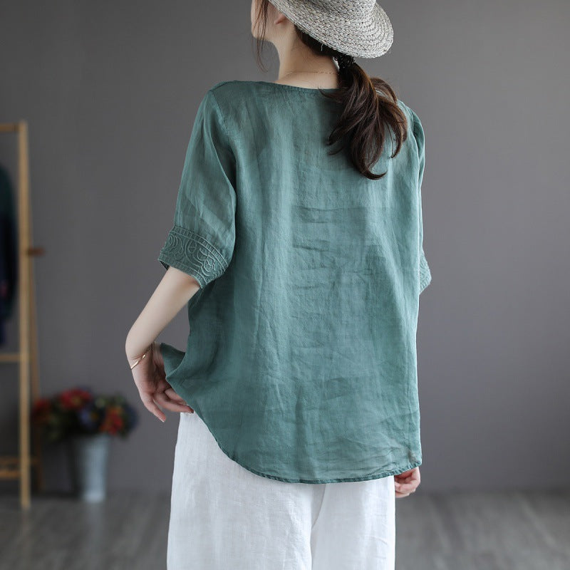 Sarah Express Women's Embroidered Cotton Linen V-Neck T-Shirt Ethnic Retro Style Short Sleeve