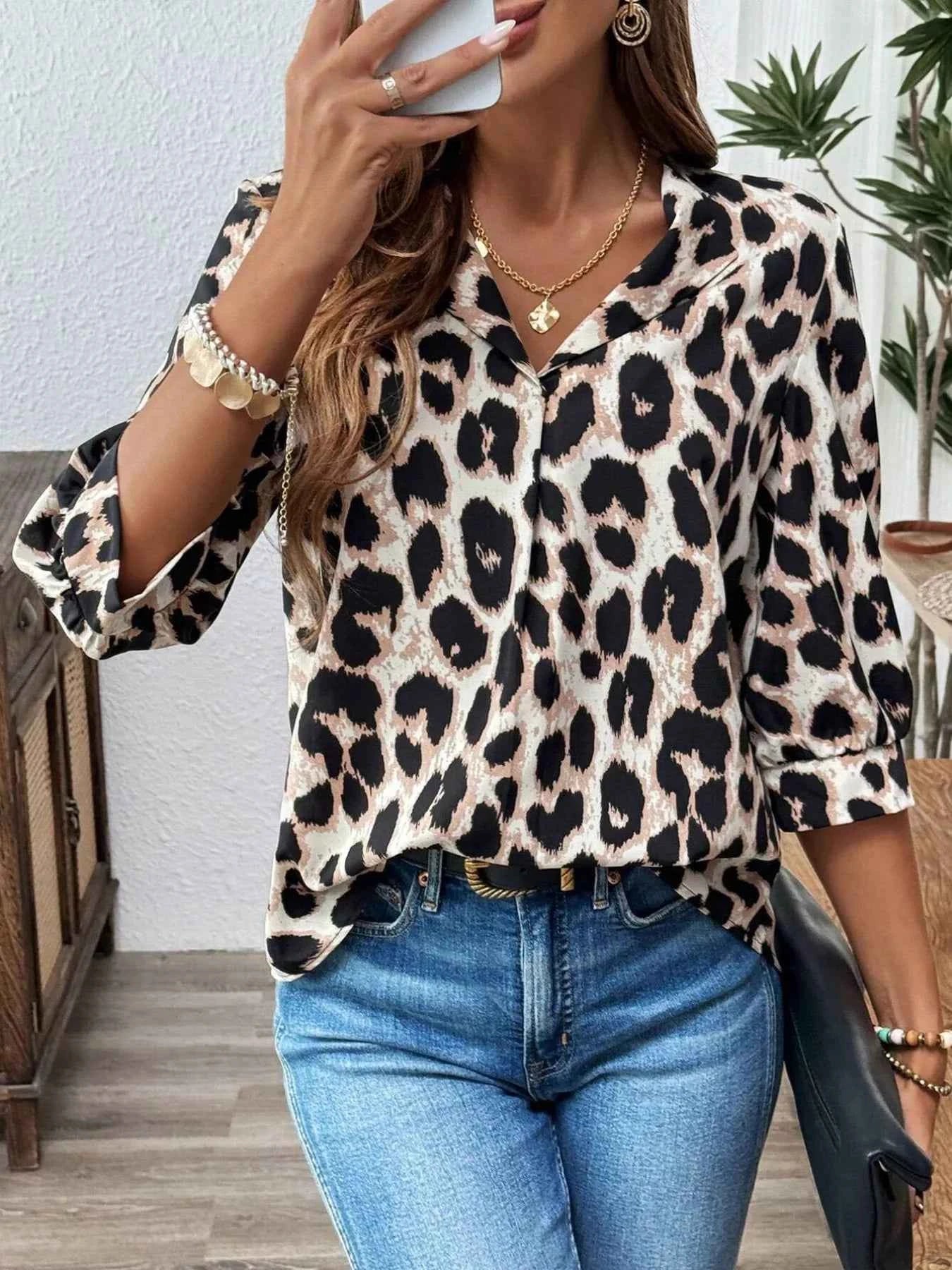 Sarah Express Women's Leopard Print 3/4 Sleeve Blouse - Button Front Top