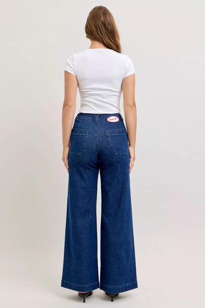 Sarah Express Women's High-Waisted Retro Wide Leg Jeans with Patch Pockets