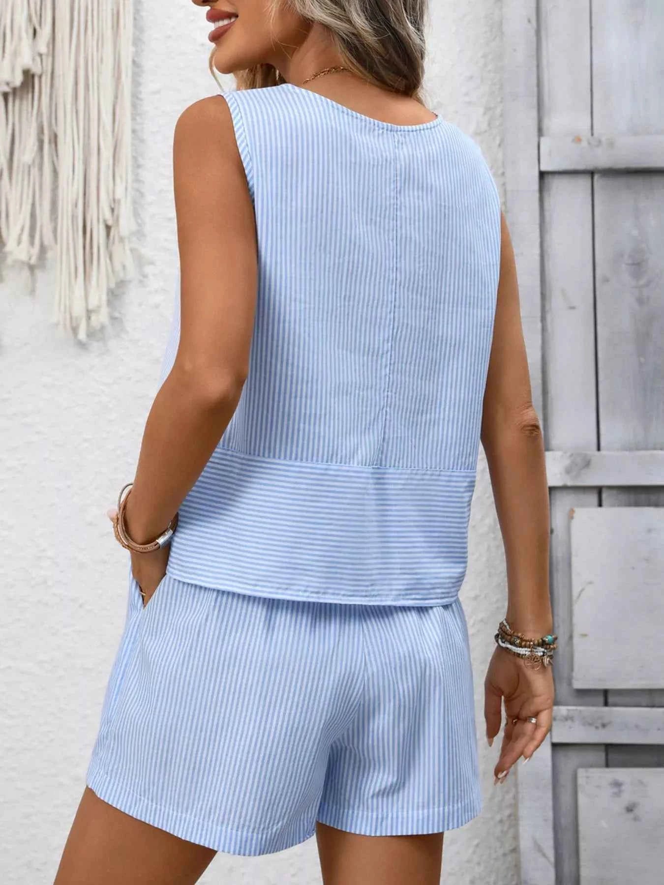 Sarah Express Women's Striped Sleeveless Top & Drawstring Shorts Set - Two Piece Summer Outfit