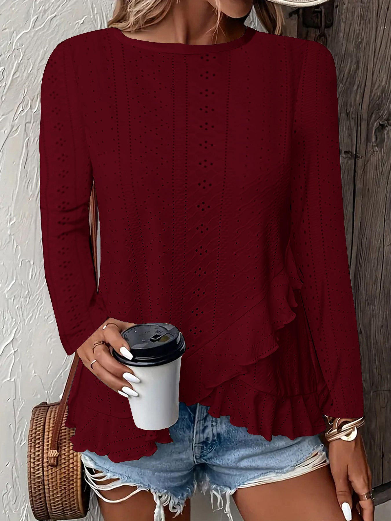 Sarah Express Women's Solid Color Long Sleeve Pullover Top Round Neck Loose Fit
