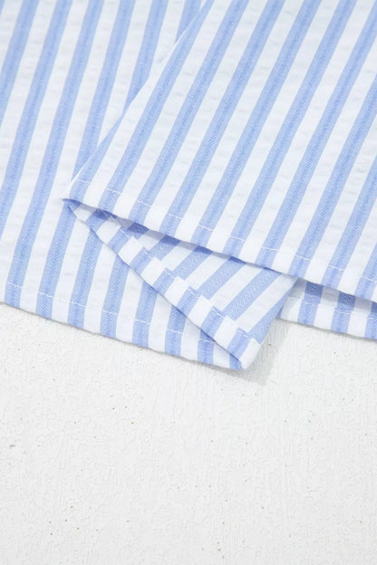 Sarah Express Women's Stripe Ricrac Trim Puff Sleeve Leopard Patchwork V Neck Blouse