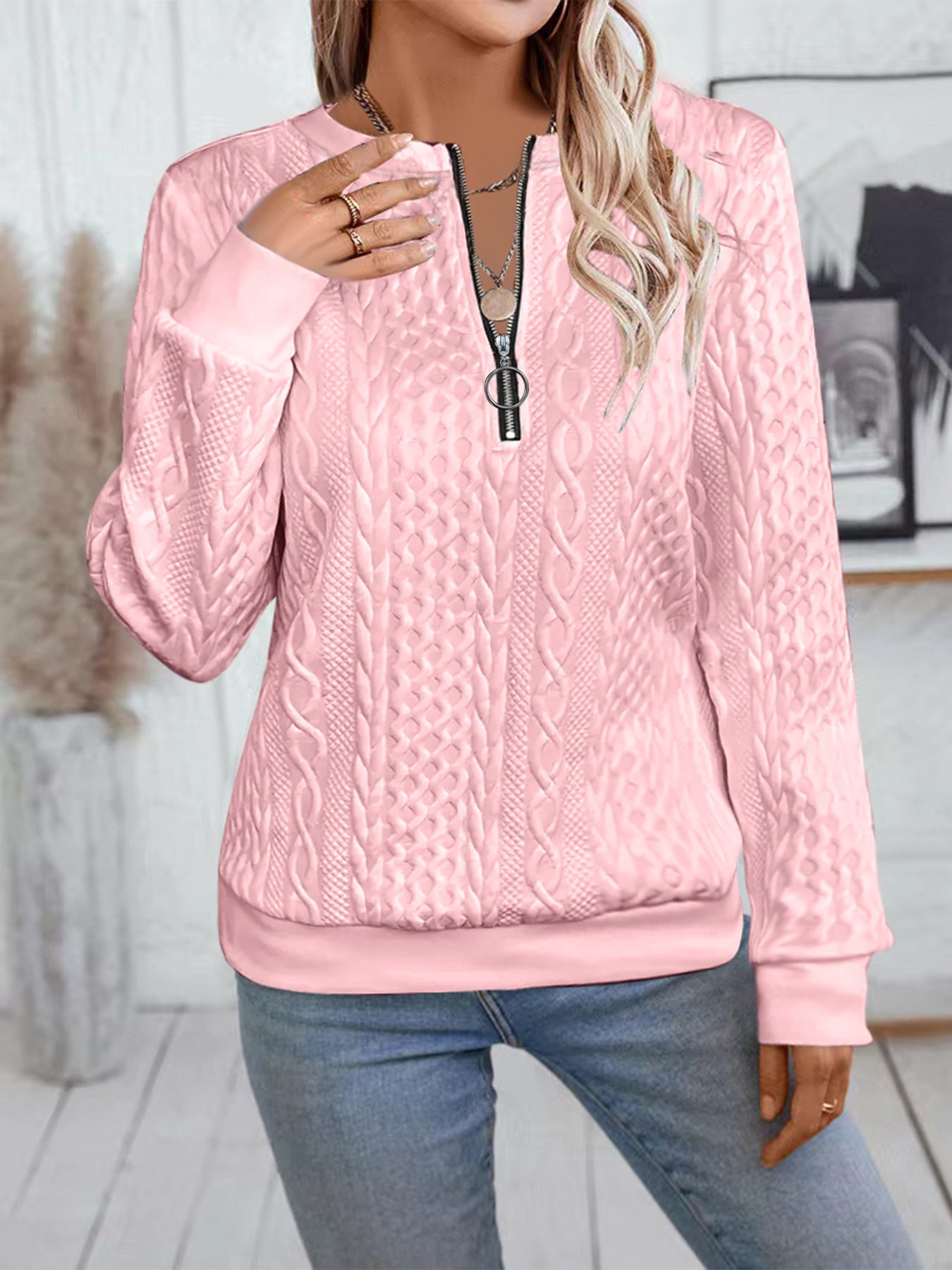 Sarah Express Women's Zipper Detail Long Sleeve Sweater Casual Loose Fit Pullover Top