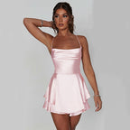 Backless Lace-Up Suspender Strap Satin A-Line Short Dress Women's Party