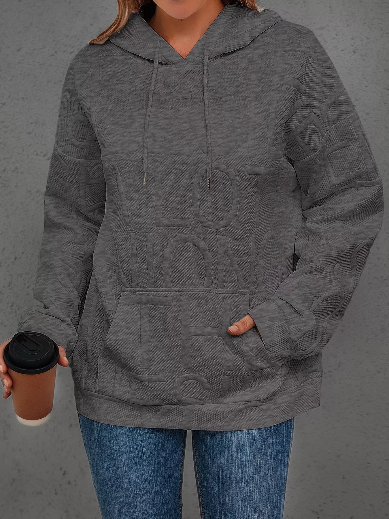 Sarah Express Women's Textured Embossed Long Sleeve Hoodie Plus Size