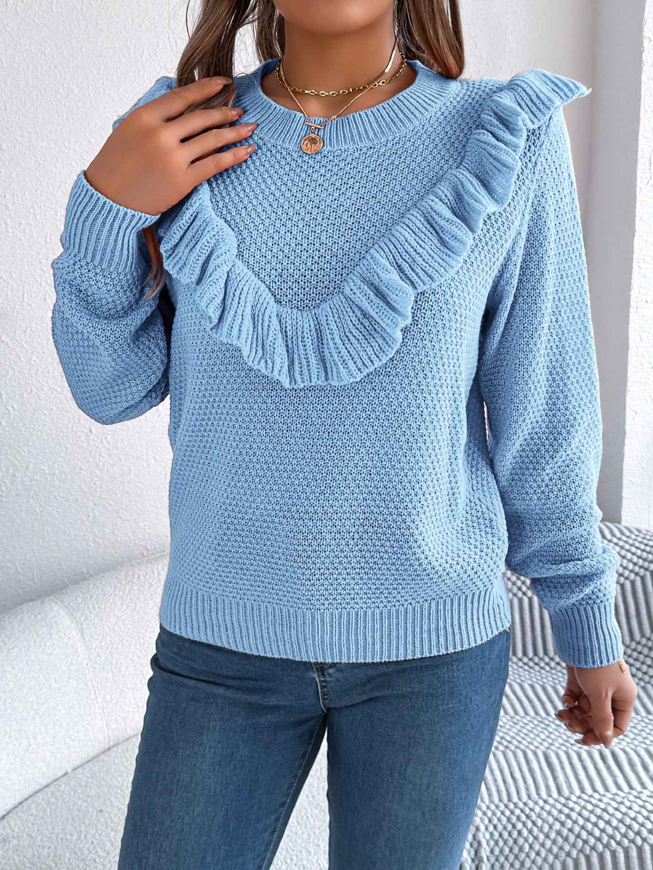 Sarah Express Women's Ruffled Long Sleeve Pullover Sweater - Elegant Solid Color Knitwear