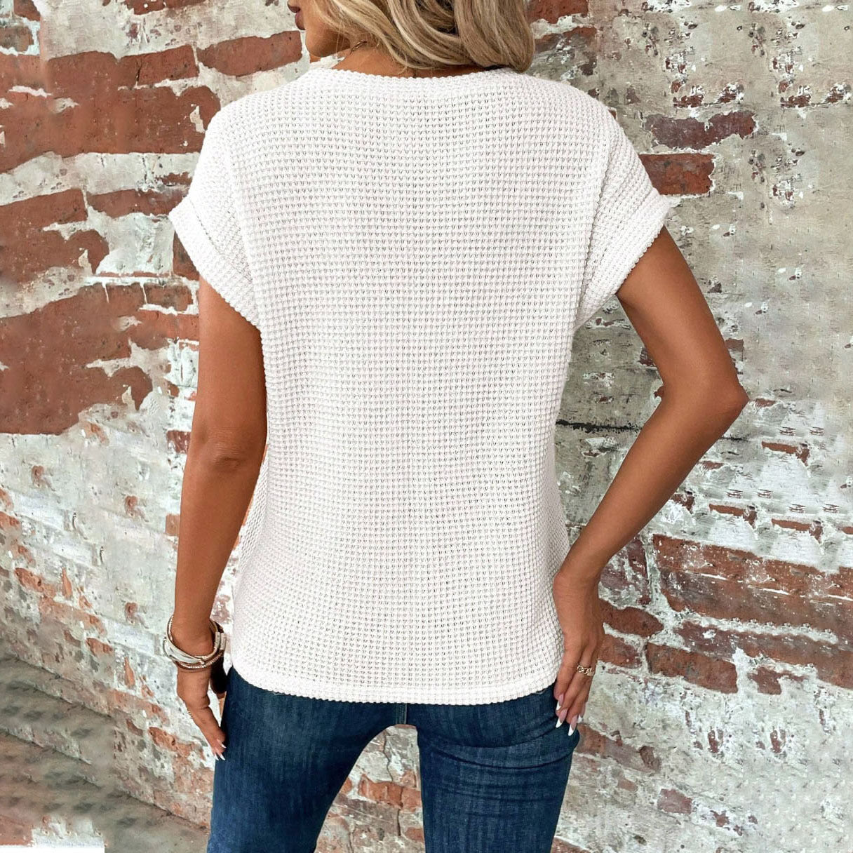 Sarah Express Women's Waffle Texture Crew Neck T-Shirt Short Sleeve Polyester Summer Top