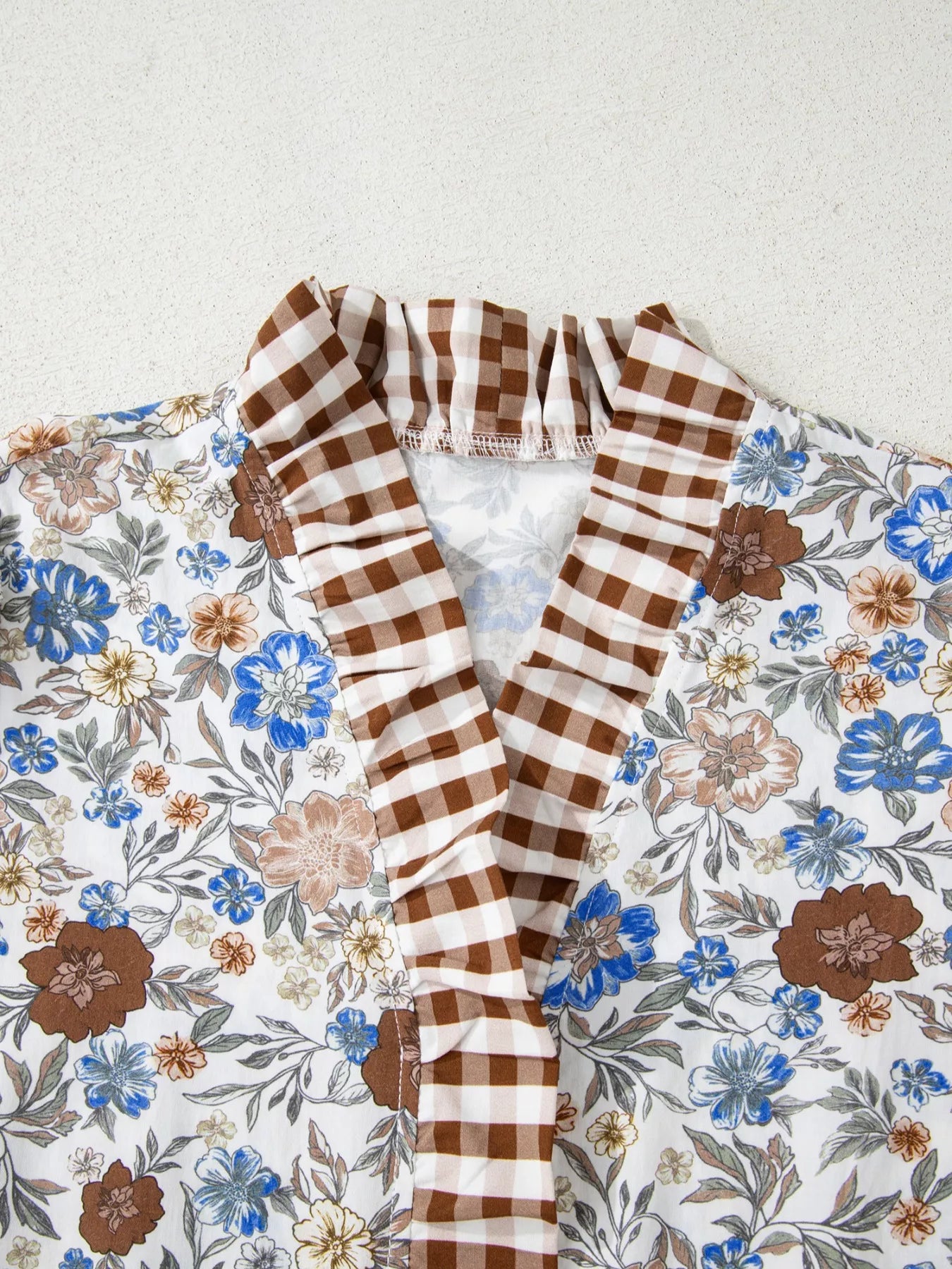 Sarah Express Women's Plaid Frilled Trim V Neck Floral Long Sleeve Blouse