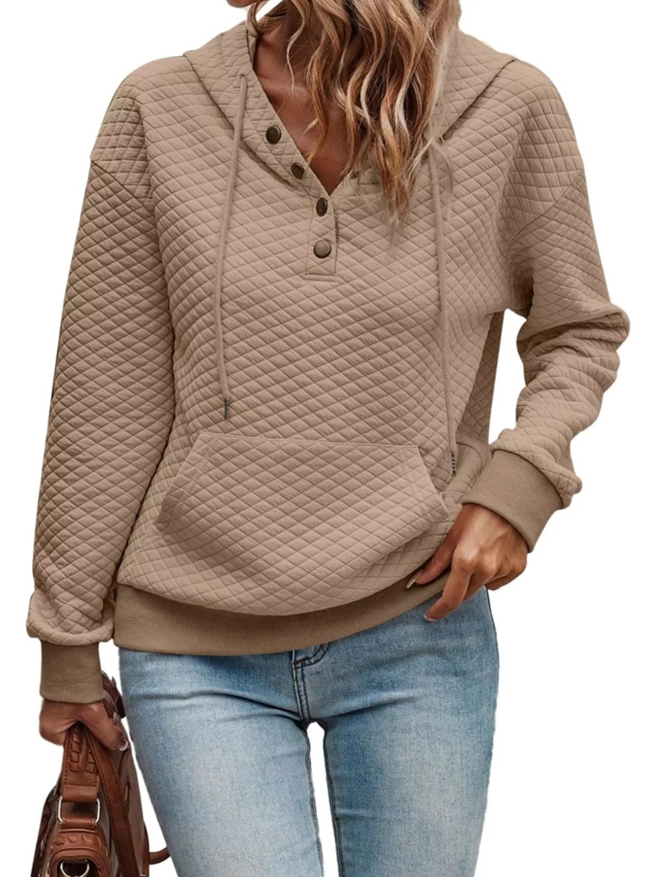 Sarah Express Women's Drawstring Textured Dropped Shoulder Hoodie Khaki