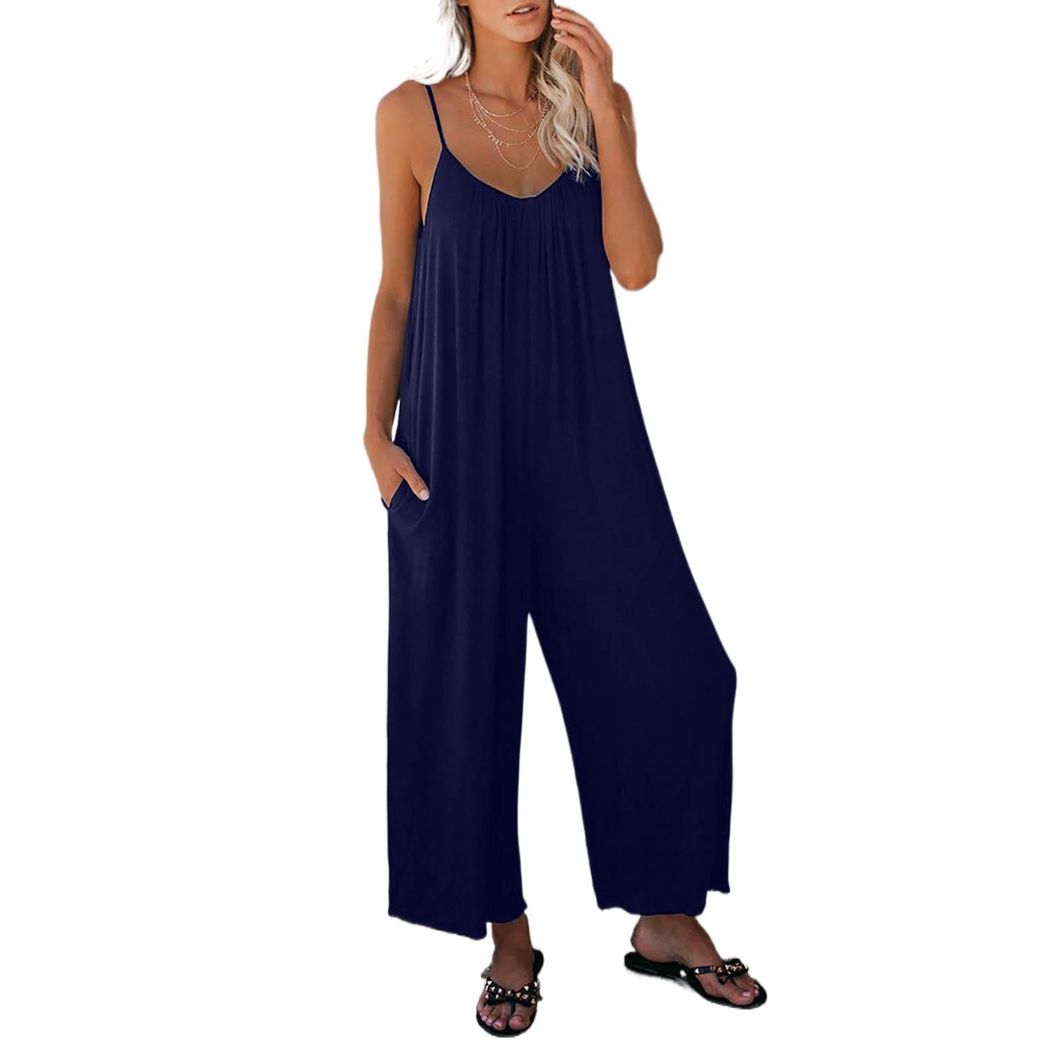 Women's Sleeveless Jumpsuit with Pockets - Casual Loose Fit Romper
