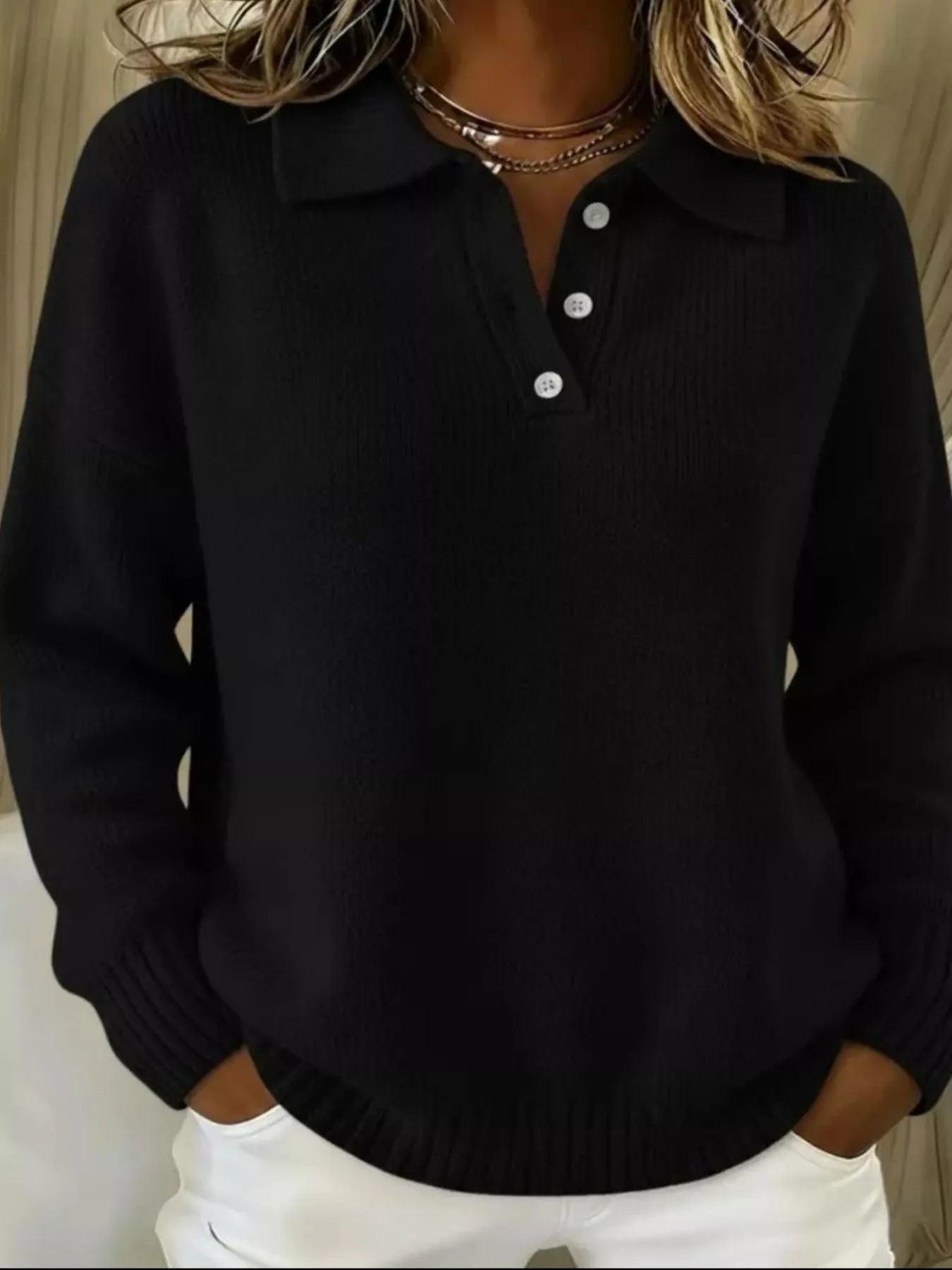 Sarah Express Women's Button Detail Drop Shoulder Sweater Plus Size Black