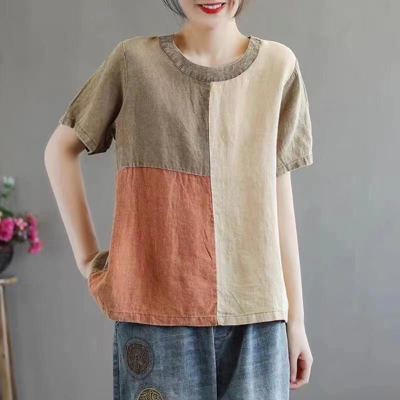Sarah Express Women's Cotton Contrast Collar T-Shirt Loose Fit Short Sleeve Japanese Casual Style