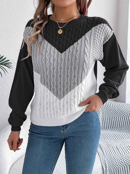 Sarah Express Women's Color Block Cable Knit Lantern Sleeve Pullover Sweater