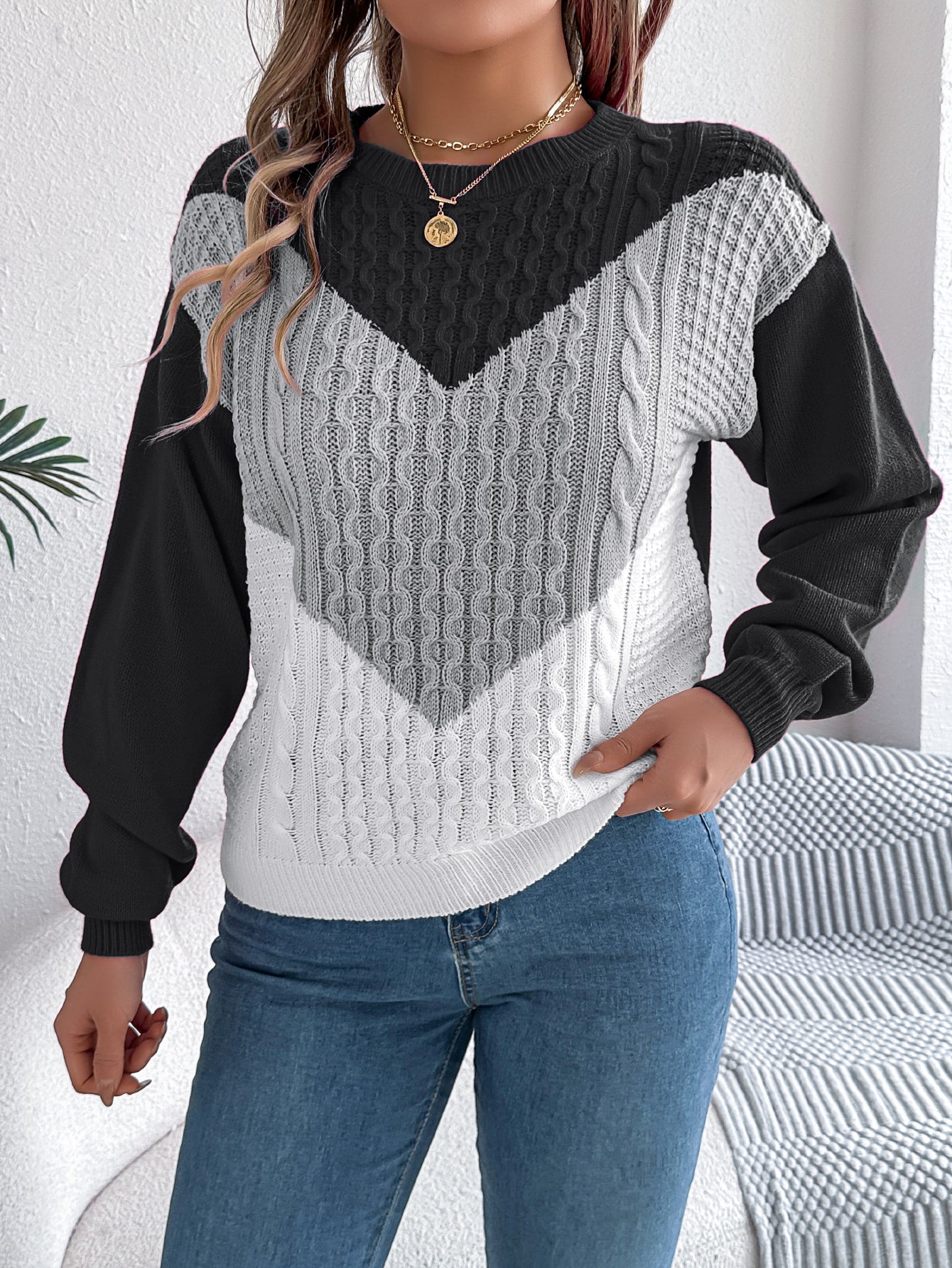 Sarah Express Women's Color Block Cable Knit Lantern Sleeve Pullover Sweater Gray