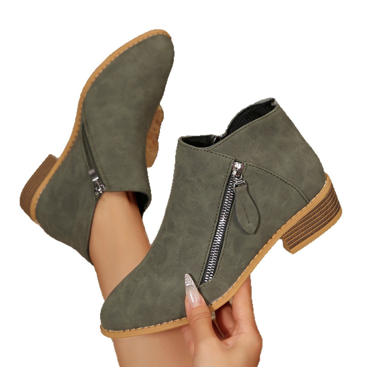 Sarah Express Women's Chunky Heel Pointed-Toe Ankle Boots – Side Zipper, PU Leather, Multi-Color