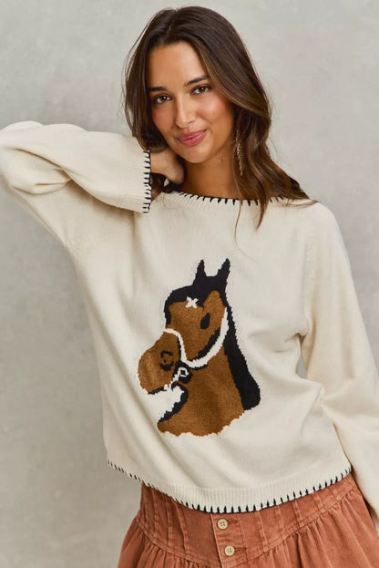 Sarah Express Women's Horse Knit Sweater Top - Cozy Blanket Stitch Pullover