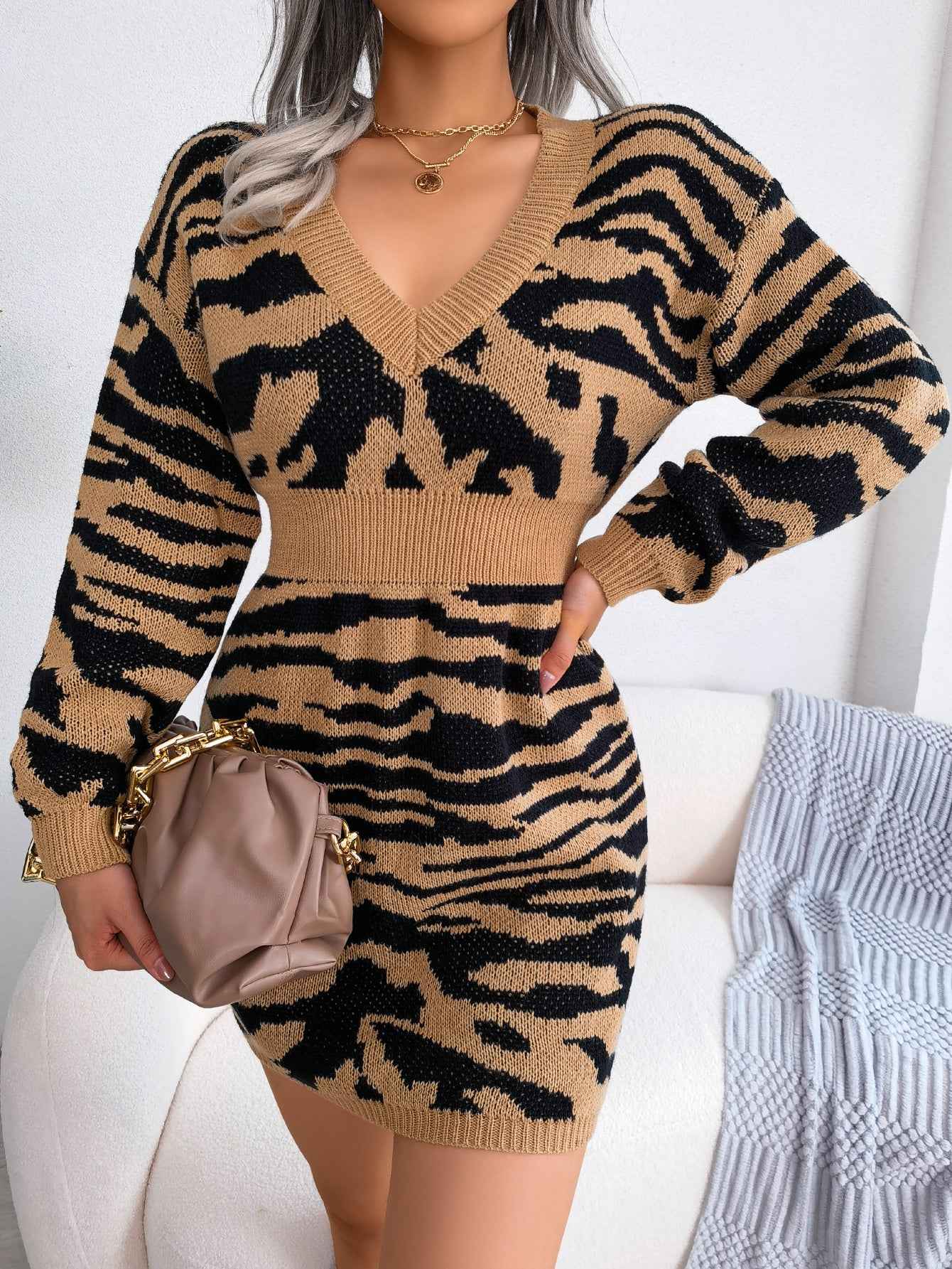 Sarah Express Women's Tiger Print Sweater Dress with Lantern Sleeves - Cinched Waist Knit Dress