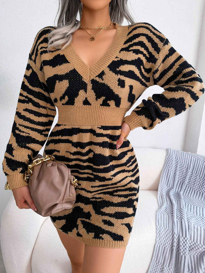 Sarah Express Women's Tiger Print Sweater Dress with Lantern Sleeves - Cinched Waist Knit Dress