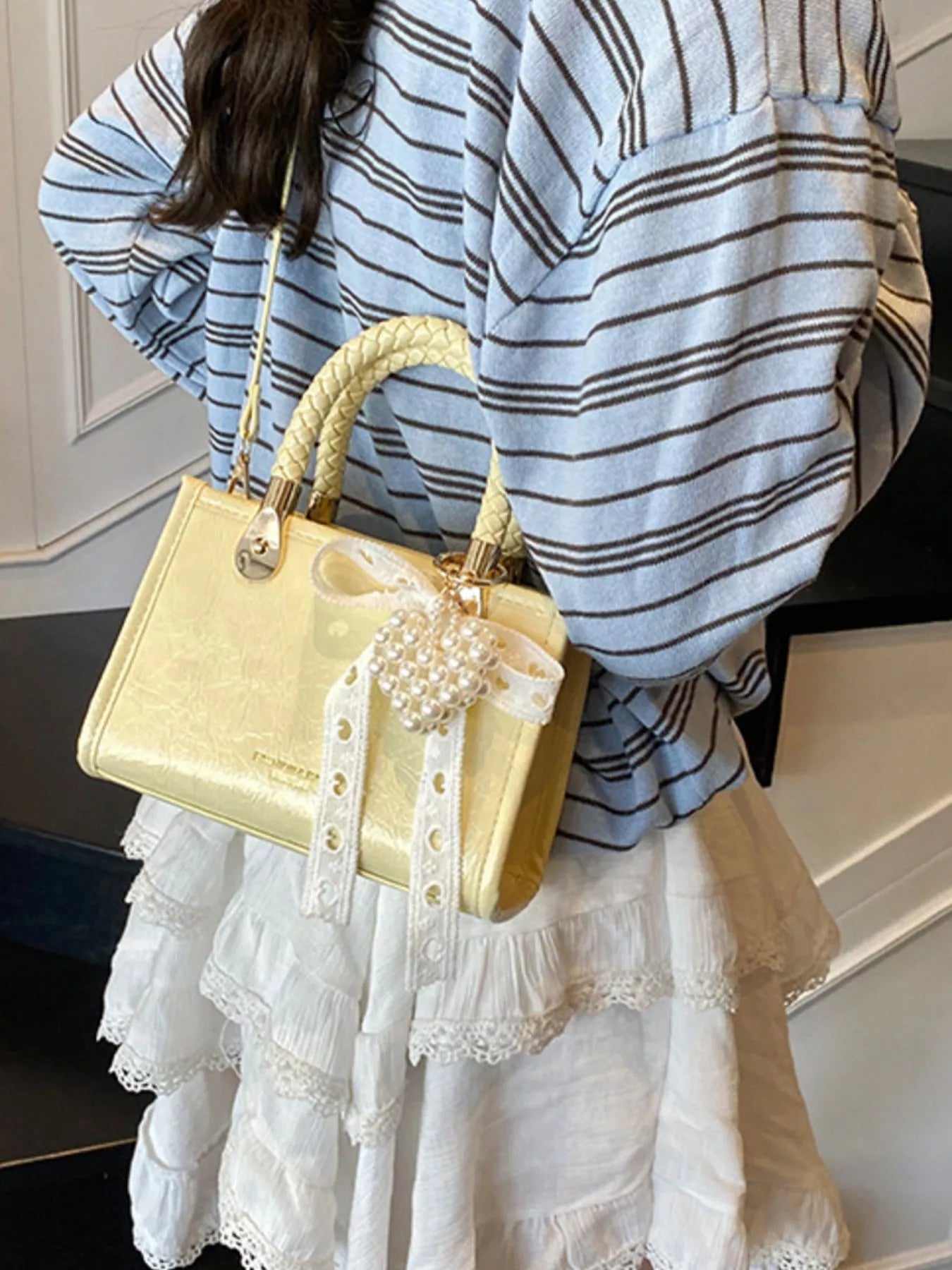 Sarah Express Women's Mini Crossbody Bag with Pearl Decor & Braided Handle