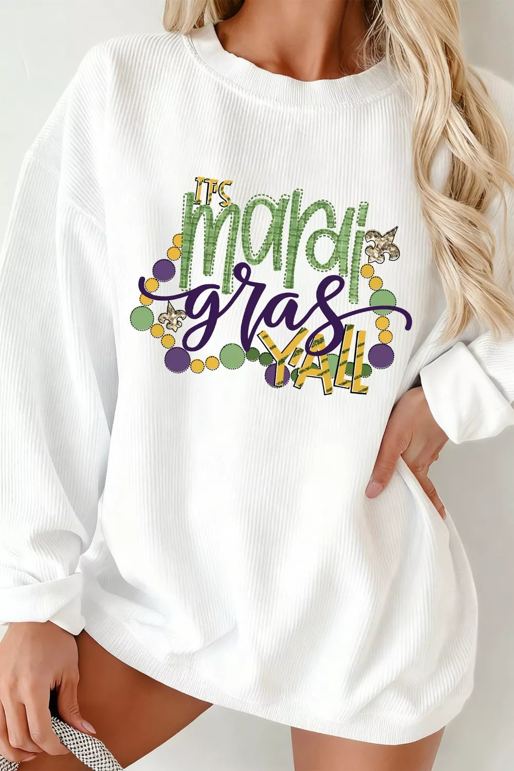 Sarah Express Women's Mardi Gras Y'all Corded Ribbed Pullover Sweatshirt
