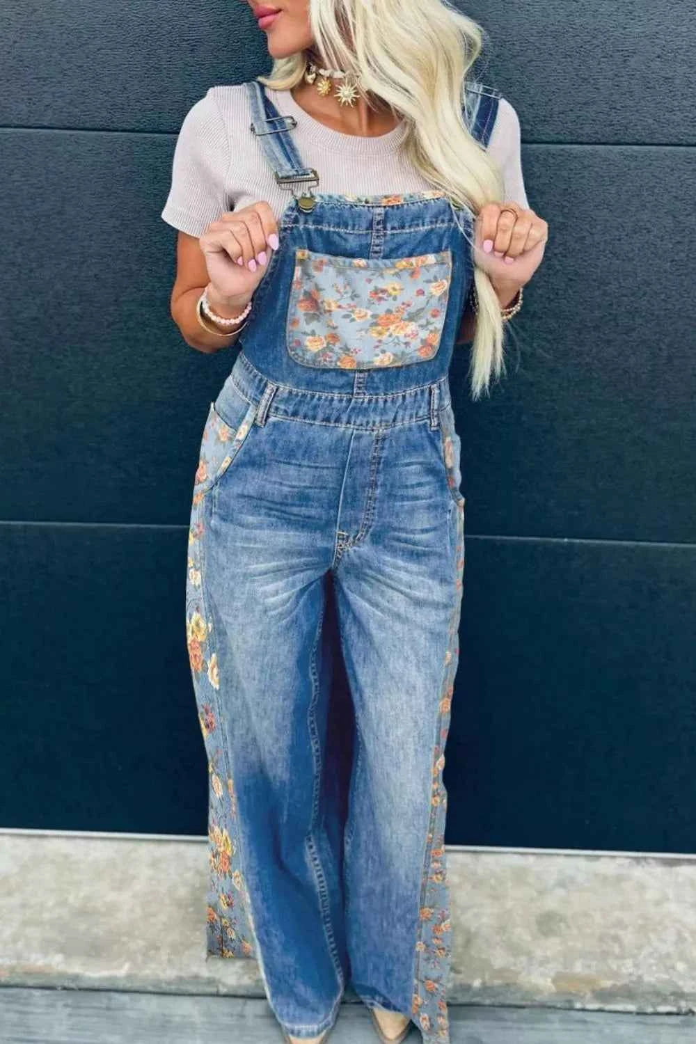 Sarah Express Women's Floral Wide Leg Denim Overalls - Casual Pocketed Jumpsuit