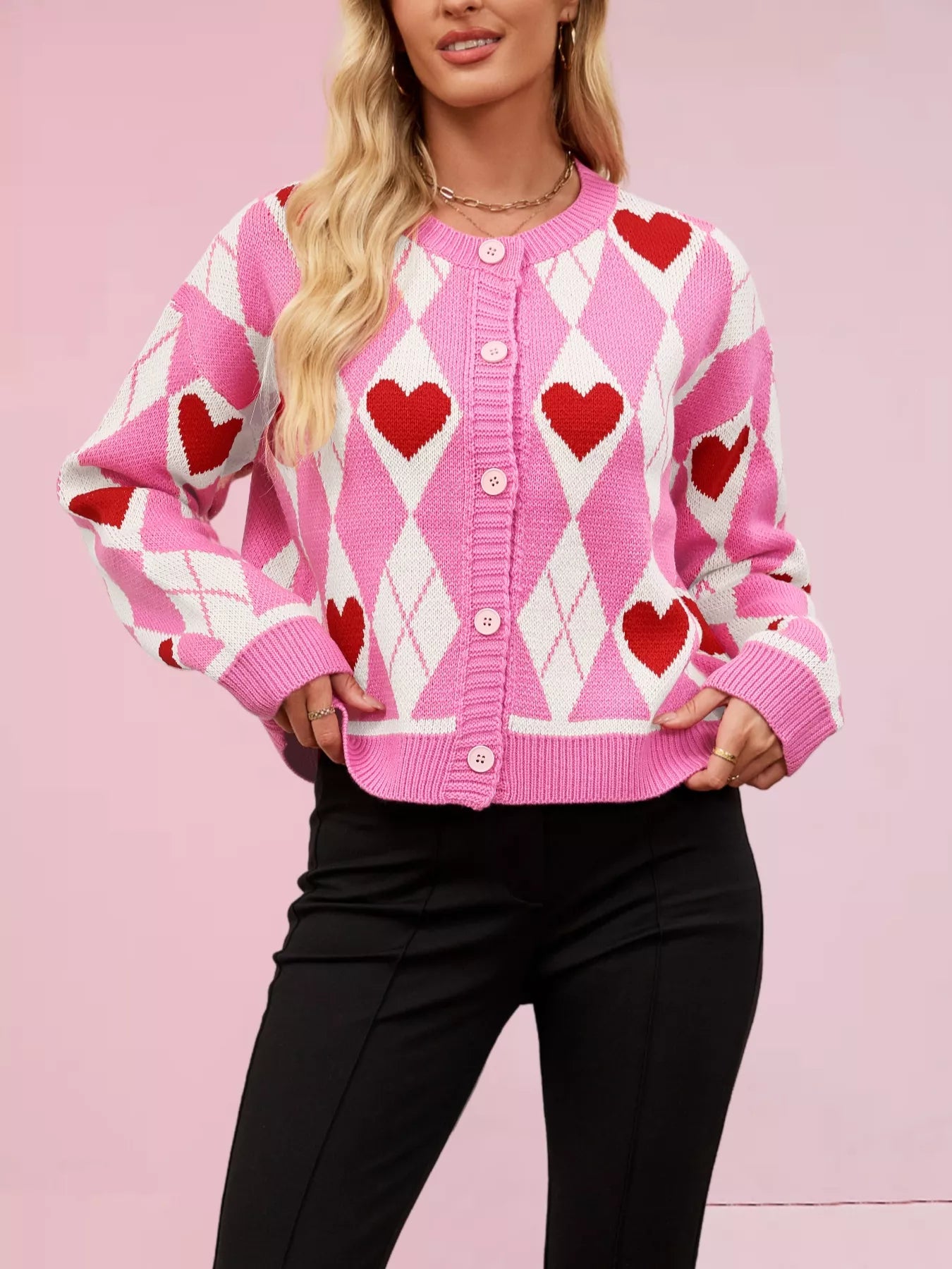 Sarah Express Women's Heart Pattern Button-Up Cardigan