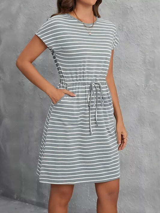 Sarah Express Women's Casual Striped Drawstring Waist Dress with Pockets