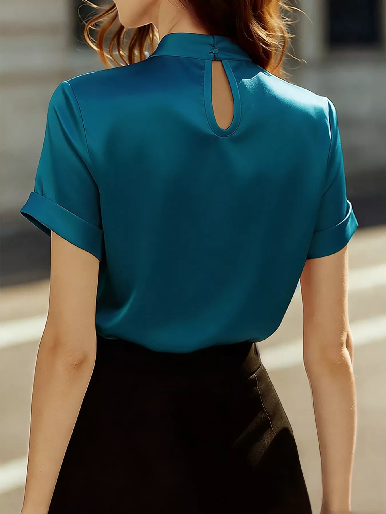 Sarah Express Women's Keyhole Neck Satin Short Sleeve Blouse