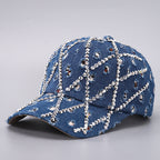 Sarah Express Rhinestone Leopard Denim Baseball Cap Distressed Cotton Adjustable Hat