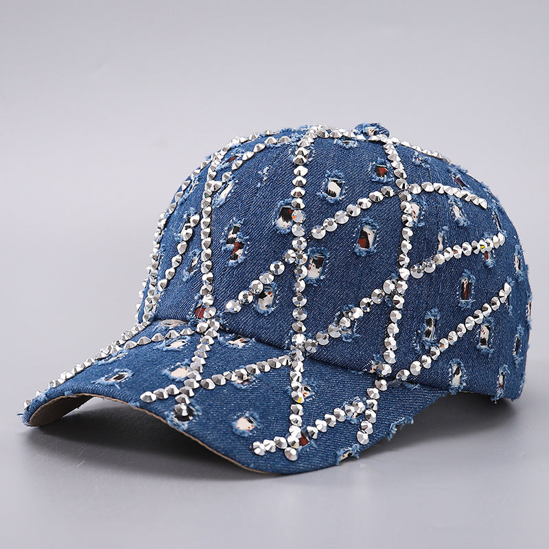 Sarah Express Rhinestone Leopard Denim Baseball Cap Distressed Cotton Adjustable Hat
