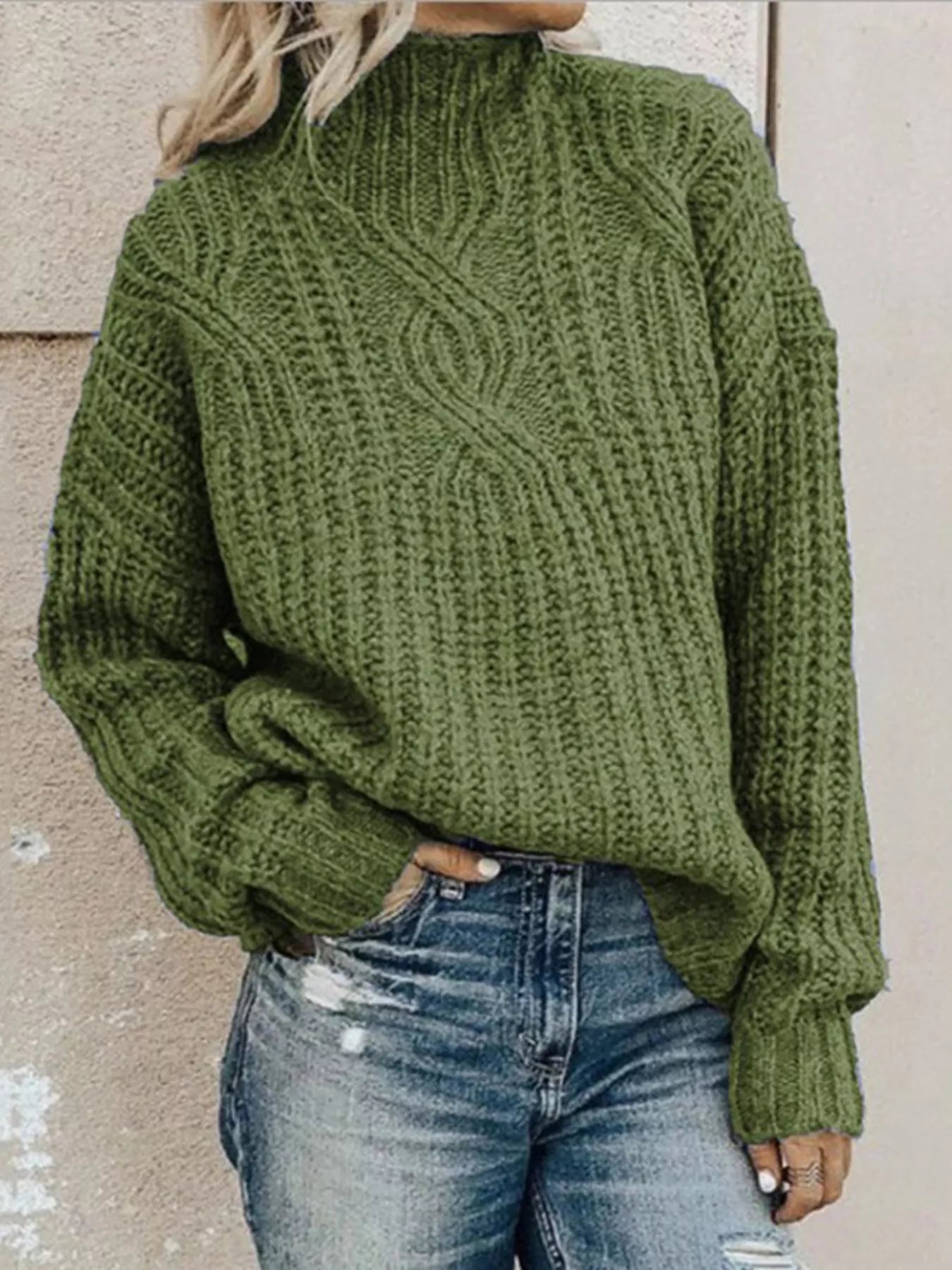 Sarah Express Women's Turtleneck Cable-Knit Sweater Plus Size Long Sleeve Green