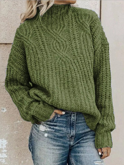 Sarah Express Women's Turtleneck Cable-Knit Sweater Plus Size Long Sleeve Green