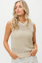 Sarah Express Women's Knitted Beaded Pearl V Neck Sleeveless Top OATMEAL