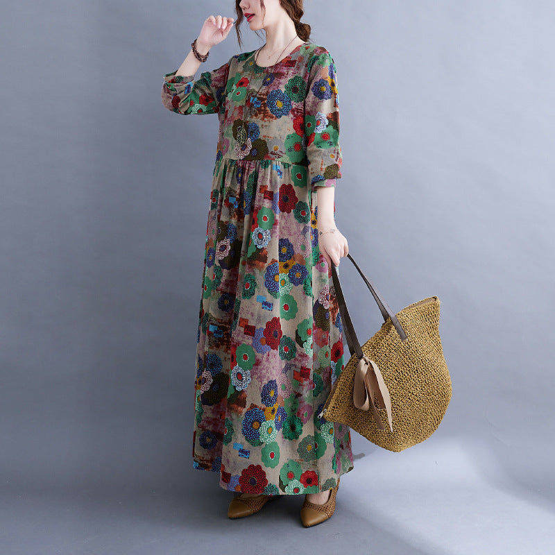 Sarah Express Women's Plus Size Printed Maxi Dress Long Sleeve Cotton Blend Literary Sweet Style