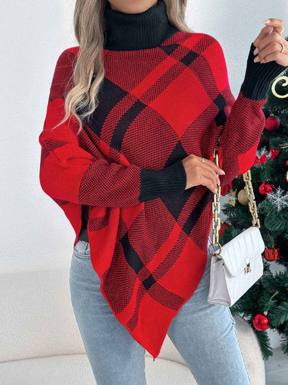 Sarah Express Women's Color Block Plaid Turtleneck Poncho Sweater - Oversized Knit Pullover