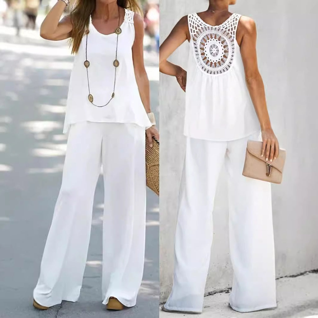 Sarah Express Women's Sleeveless Top and Pants Set with Lace Back Detail