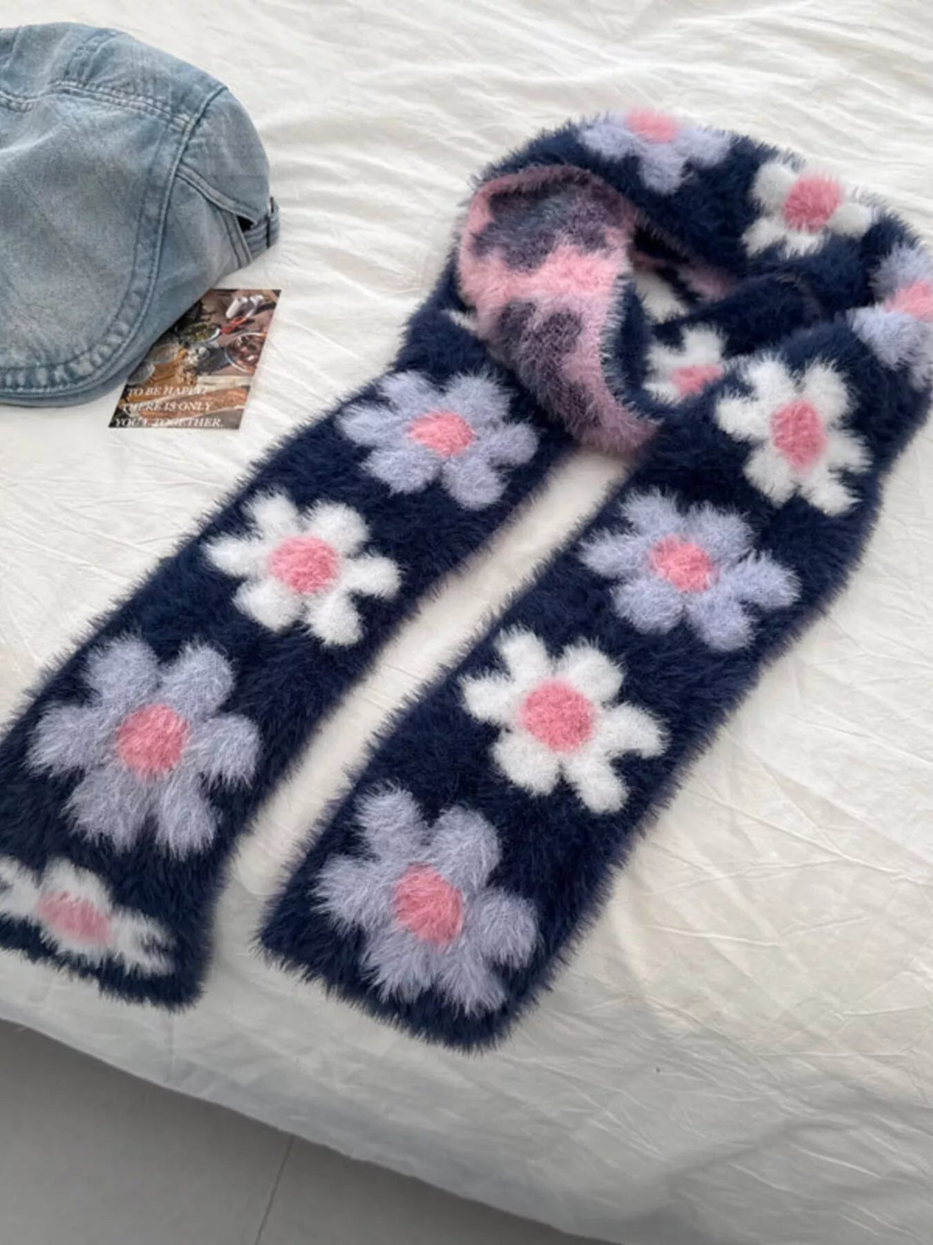 Sarah Express Women's Floral Fuzzy Knit Scarf - Soft Faux Mink Winter Scarf