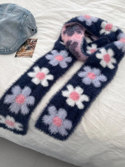 Sarah Express Women's Floral Fuzzy Knit Scarf - Soft Faux Mink Winter Scarf