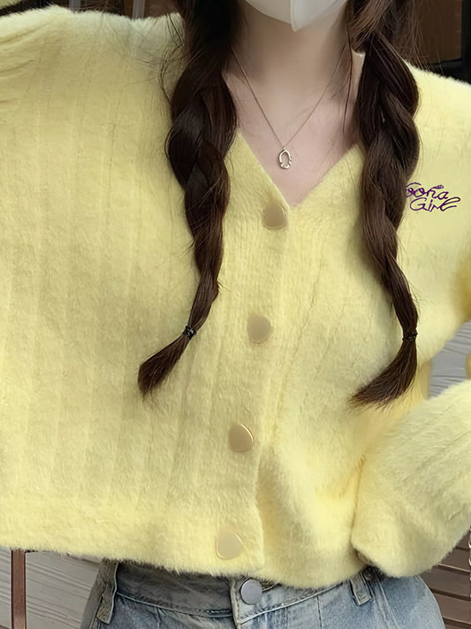 Sarah Express Women's Button Up Ribbed Knit Cardigan Yellow One Size