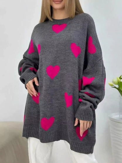 Sarah Express Women's Heart Round Neck Oversized Knit Sweater